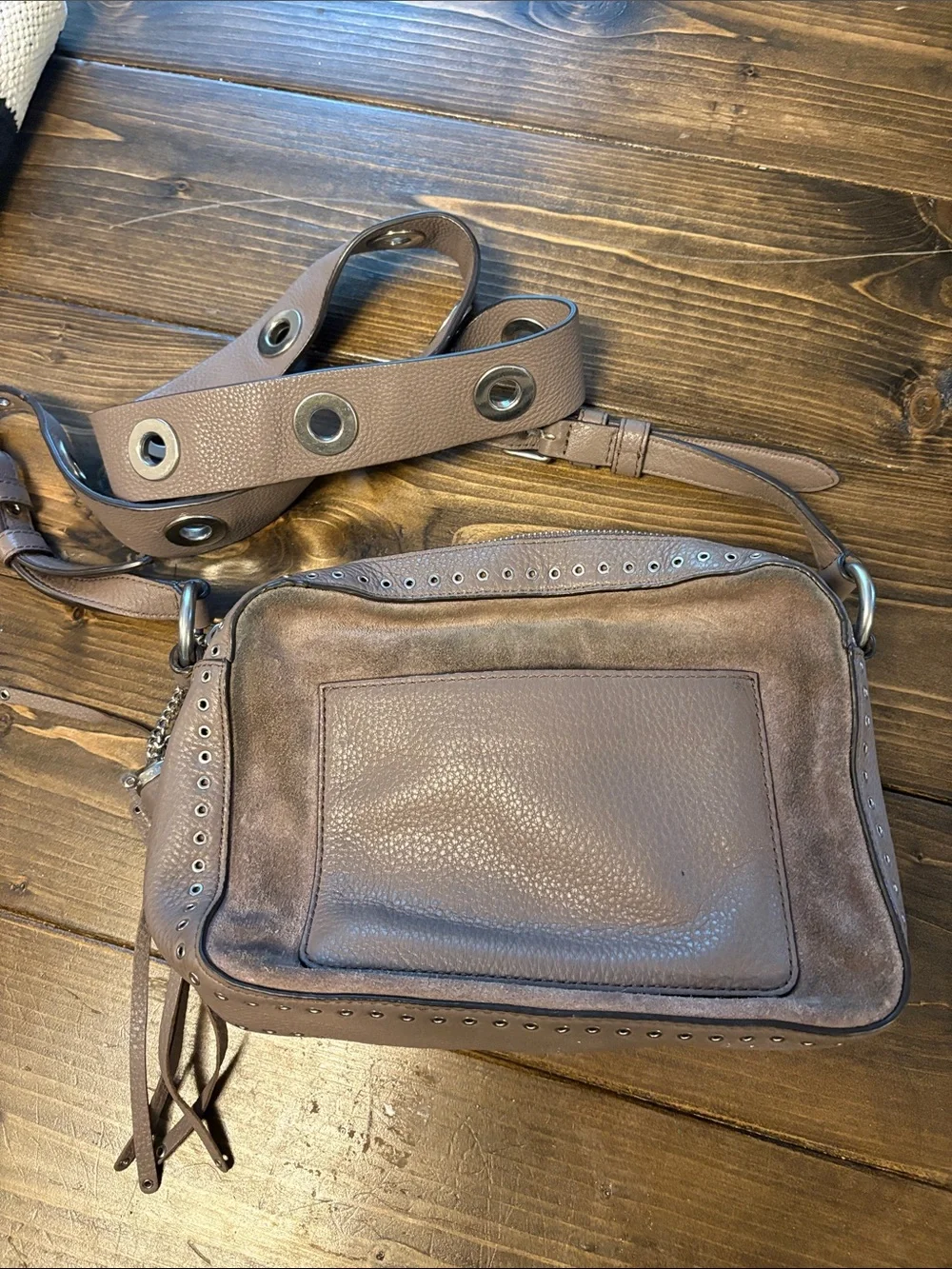 Michael Kors Taupe Leather Messenger with Tassel Accent